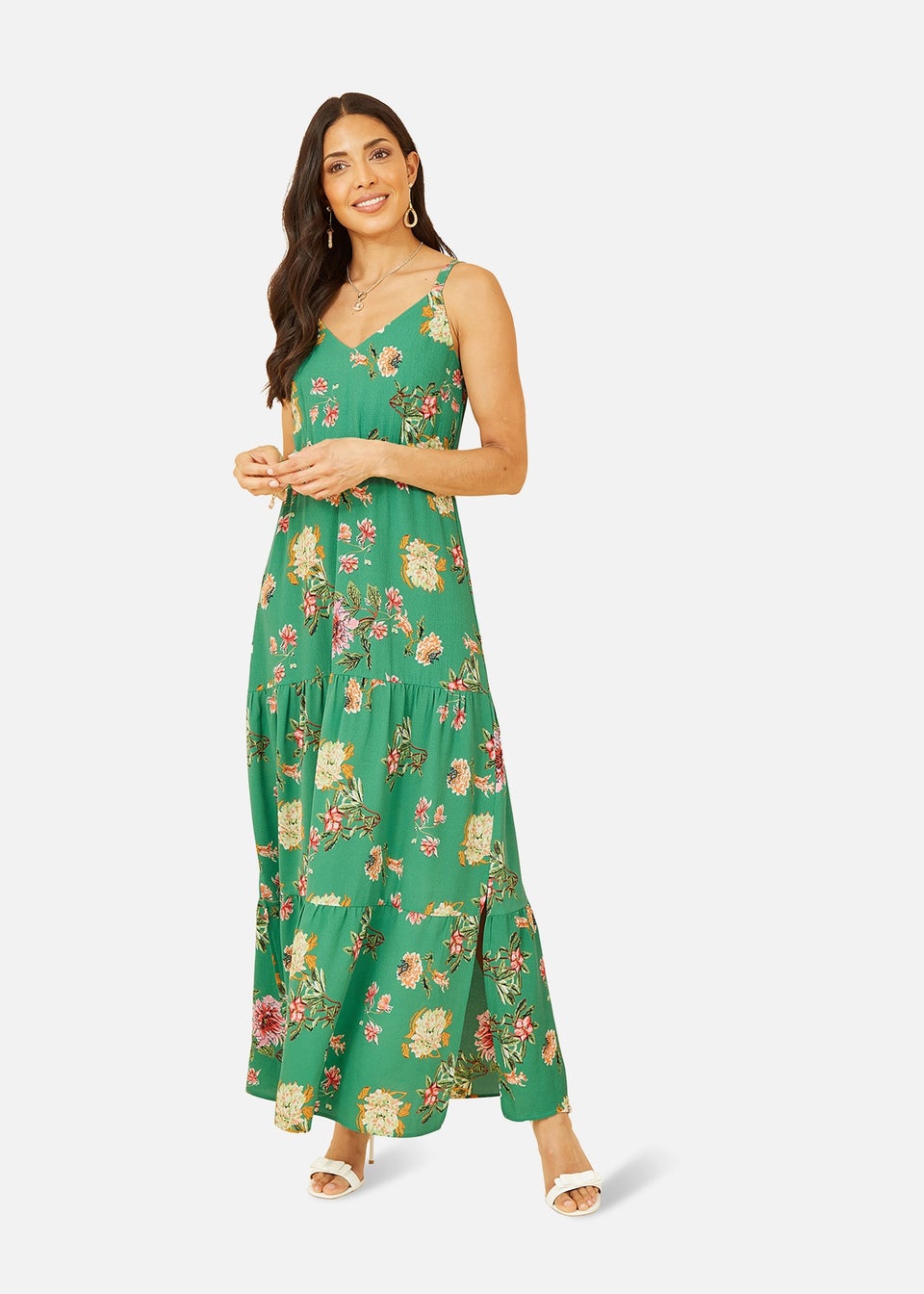 Yumi Green Floral Strappy Tiered Maxi Dress