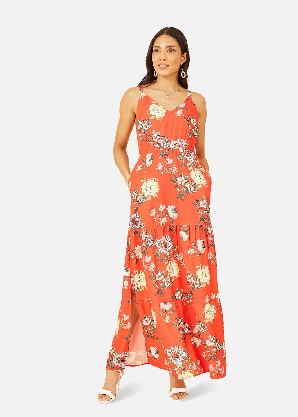 Yumi Red Floral Strappy Tiered Maxi Dress