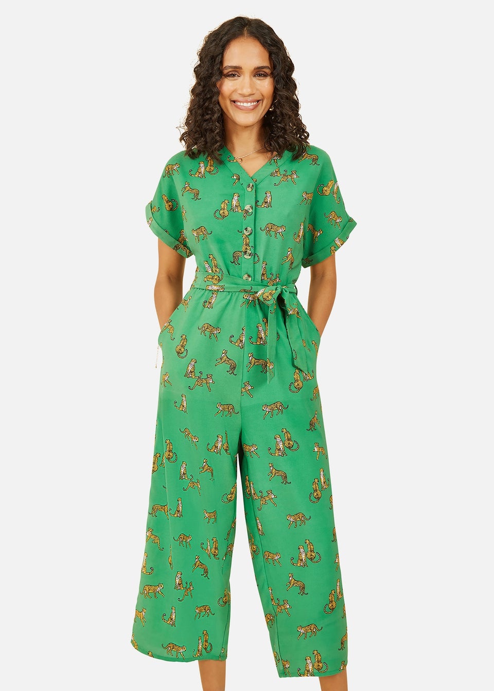 Yumi Green Cheetah Print Jumpsuit