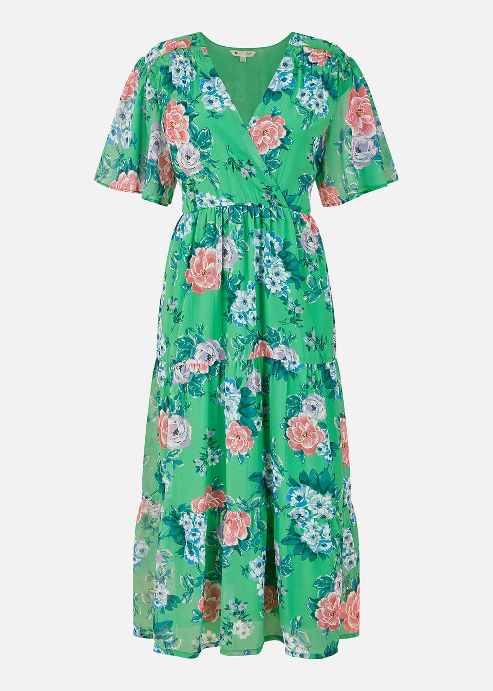 Yumi Green Floral Wrap Midi Dress With Tiered Hem