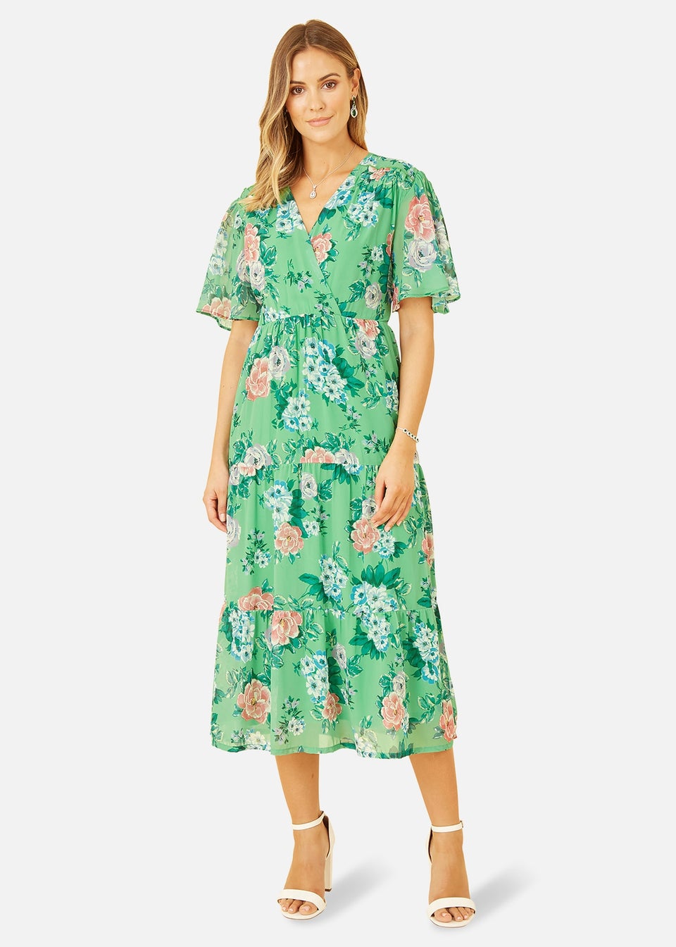 Yumi Green Floral Wrap Midi Dress With Tiered Hem