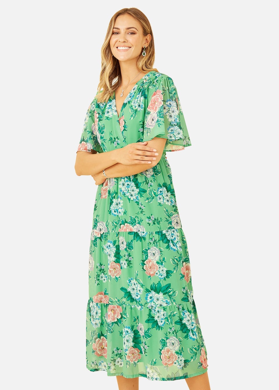 Yumi Green Floral Wrap Midi Dress With Tiered Hem