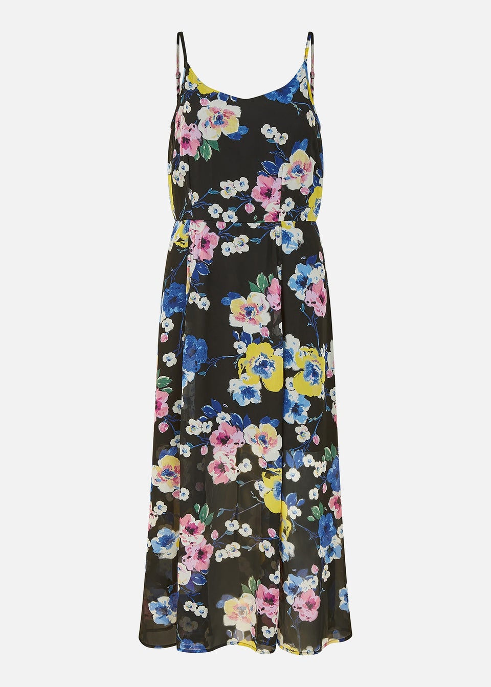 Yumi Black Floral Strappy Midi Dress With Split Hem