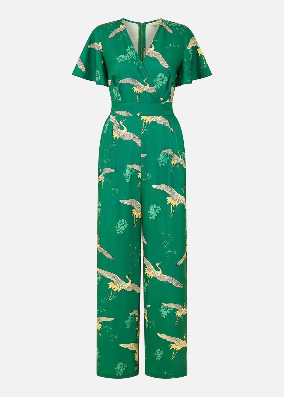 Yumi Green Crane Print Angel Sleeve Jumpsuit