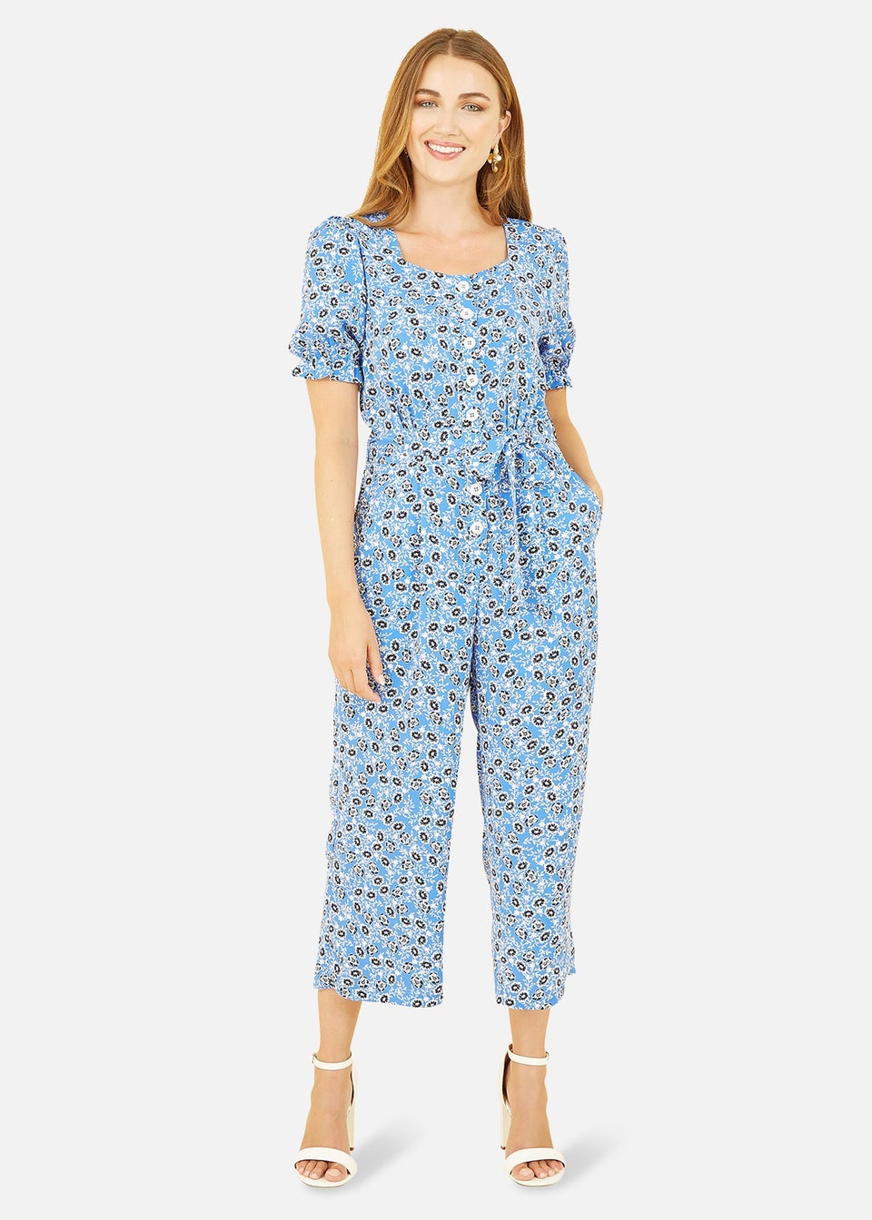 Yumi Blue Floral Puff Sleeve Jumpsuit