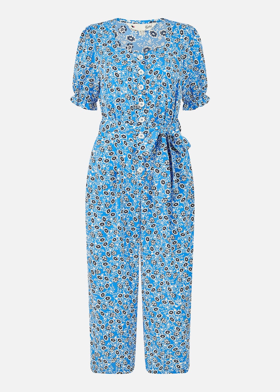 Yumi Blue Floral Puff Sleeve Jumpsuit