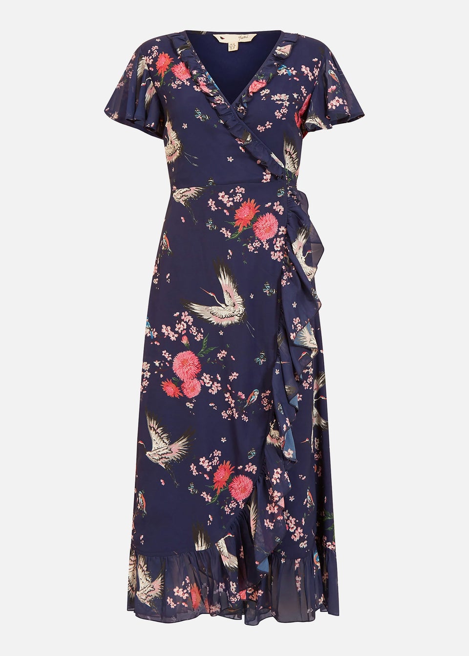 Yumi Navy Satin Crane Print Wrap Dress