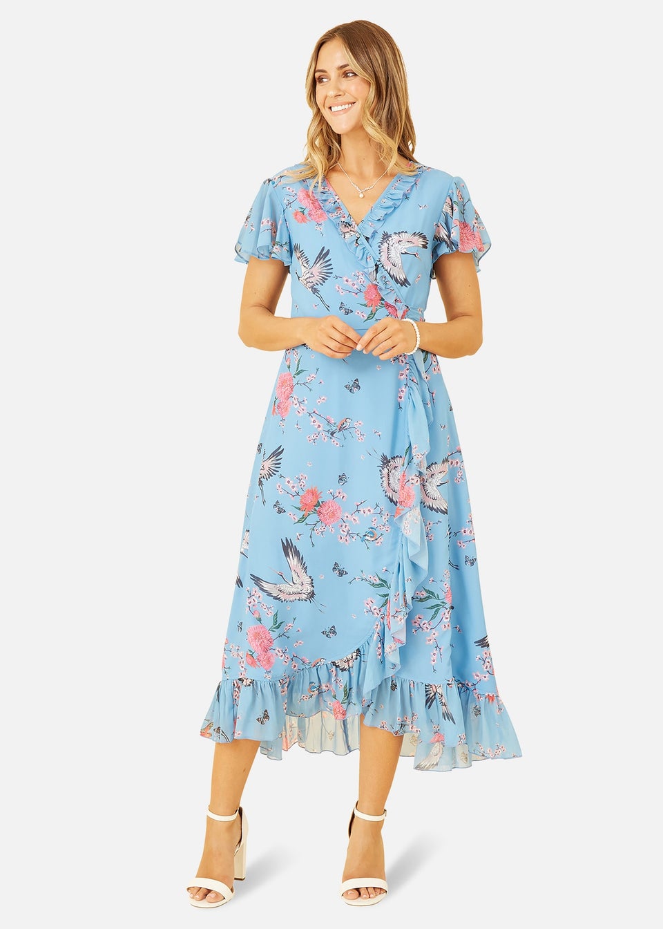 Yumi Blue Satin Crane Print Wrap Dress