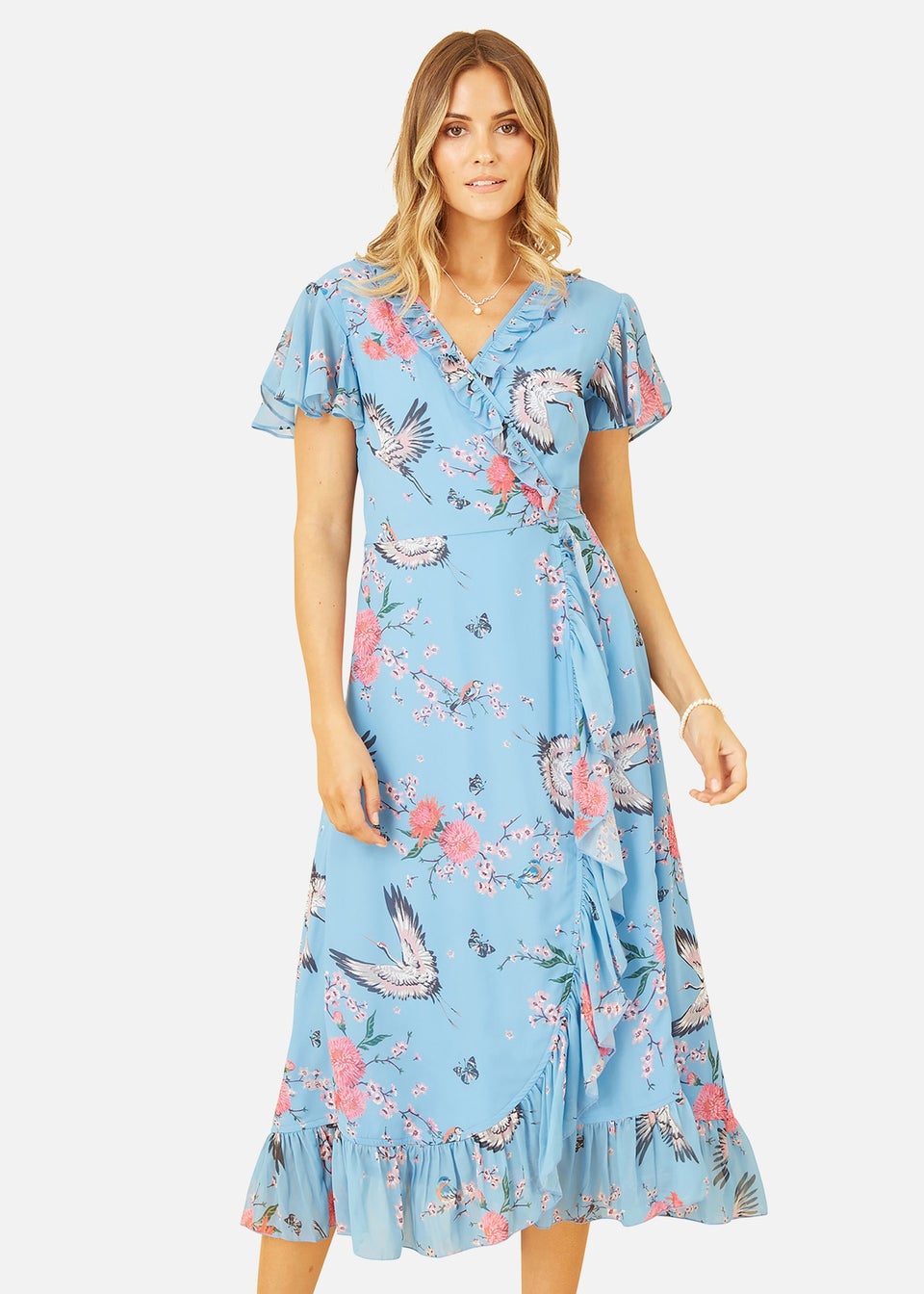Yumi Blue Satin Crane Print Wrap Dress