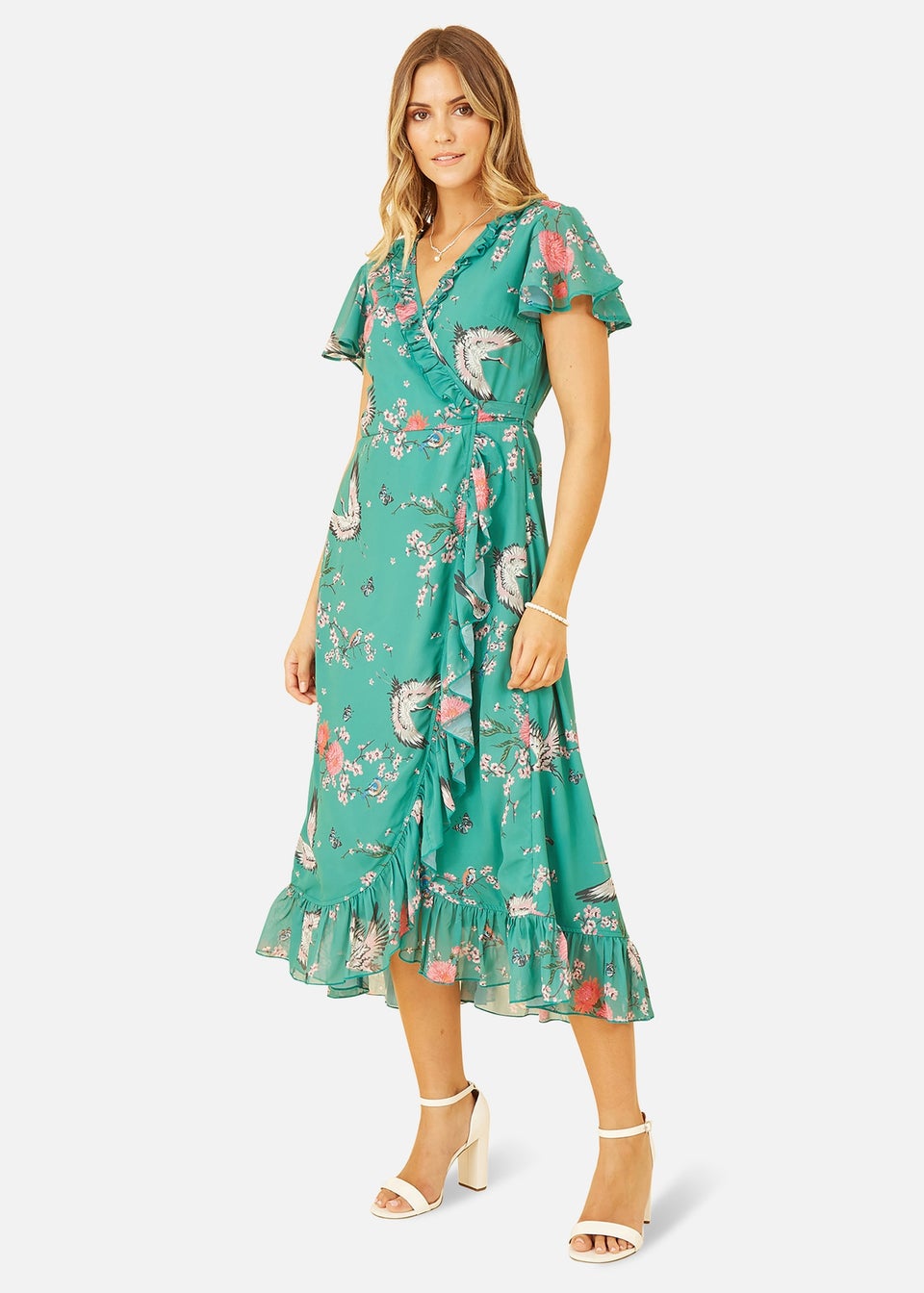 Yumi Green Satin Crane Print Wrap Dress