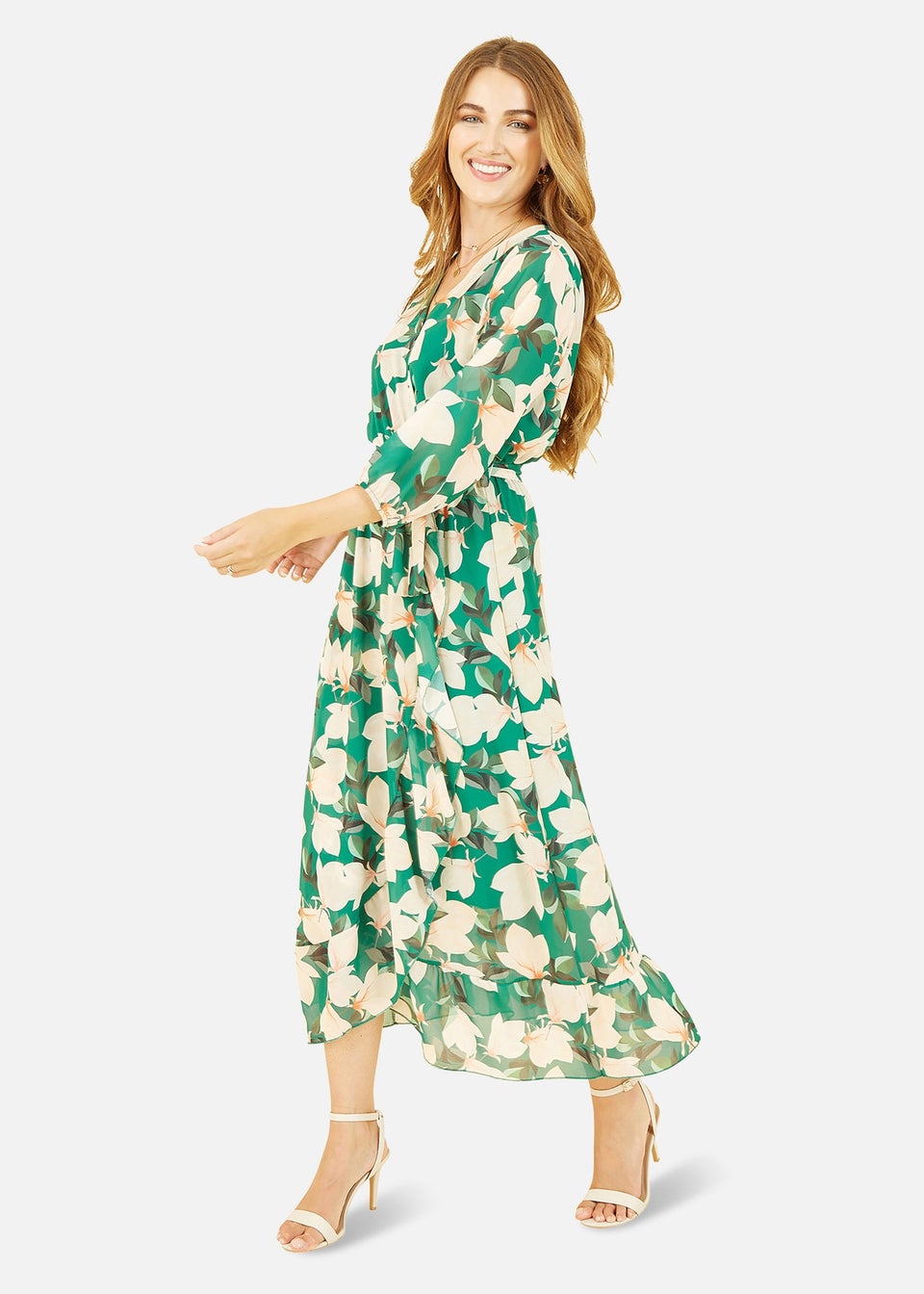 Yumi Green Blossom Wrap Midi Dress With 3/4 Sleeves