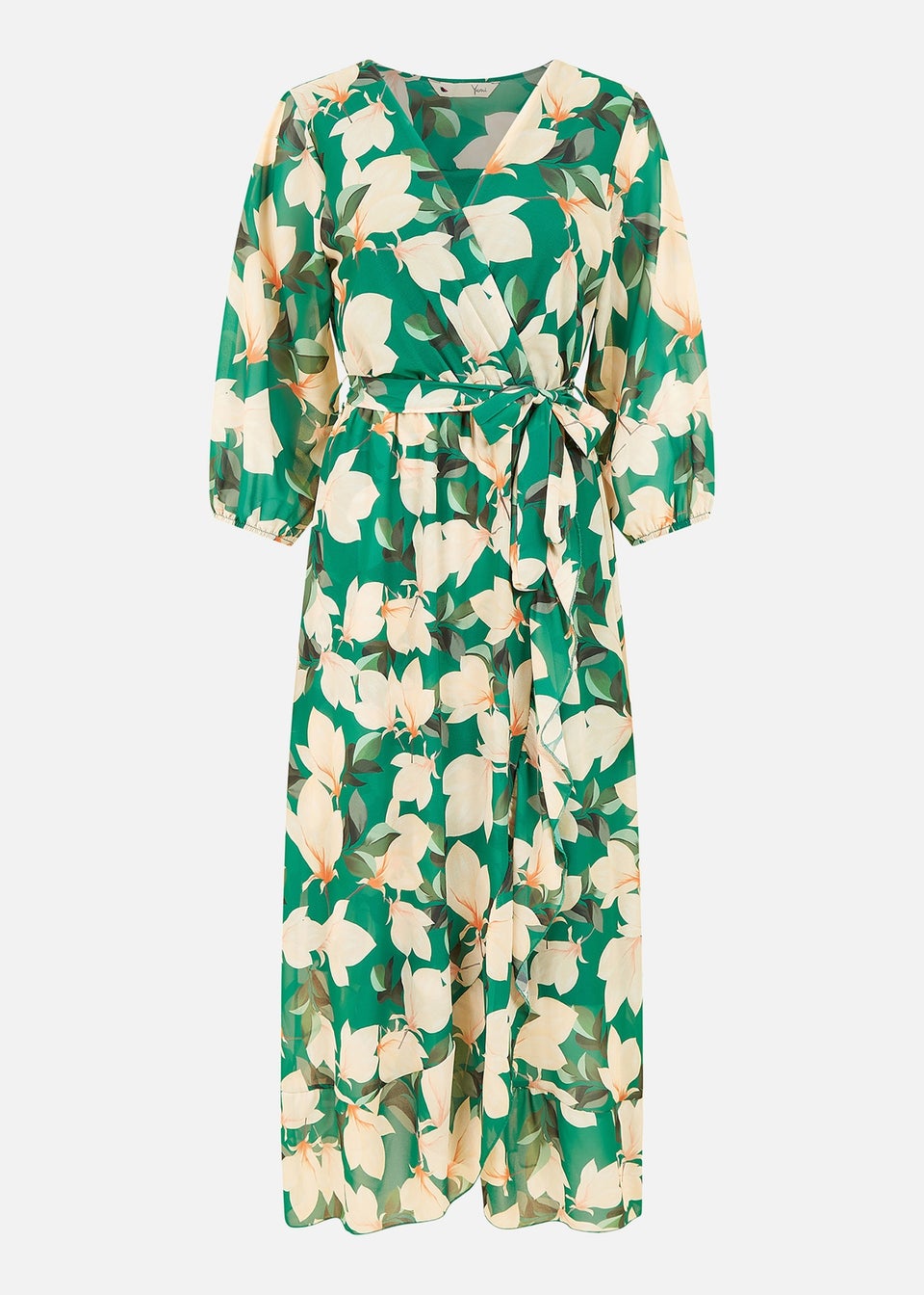 Yumi Green Blossom Wrap Midi Dress With 3/4 Sleeves