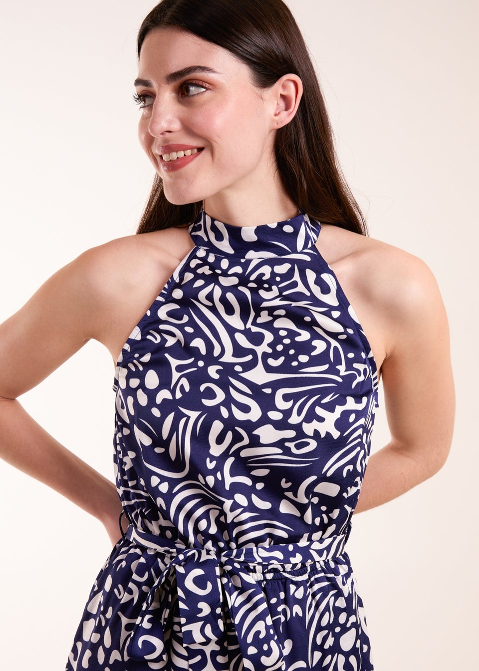 Blue Vanilla Navy Abstract Print Halter Neck Midi Wrap Dress