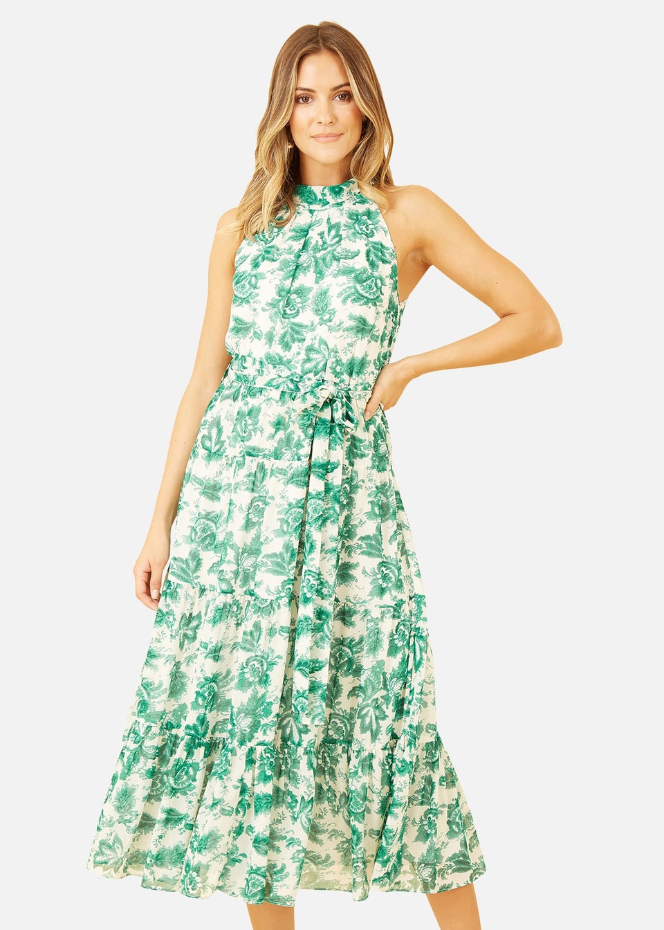 Yumi Green Leaf Print Halter Neck Midi Dress