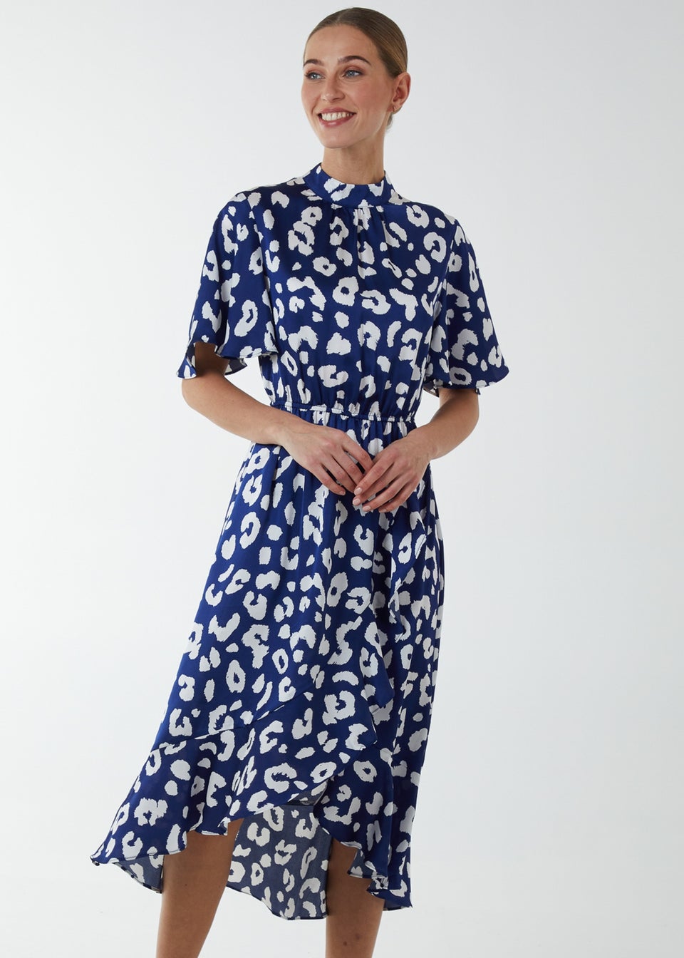 Blue Vanilla Navy Angel Sleeve Wrap Ruffle Midi Dress