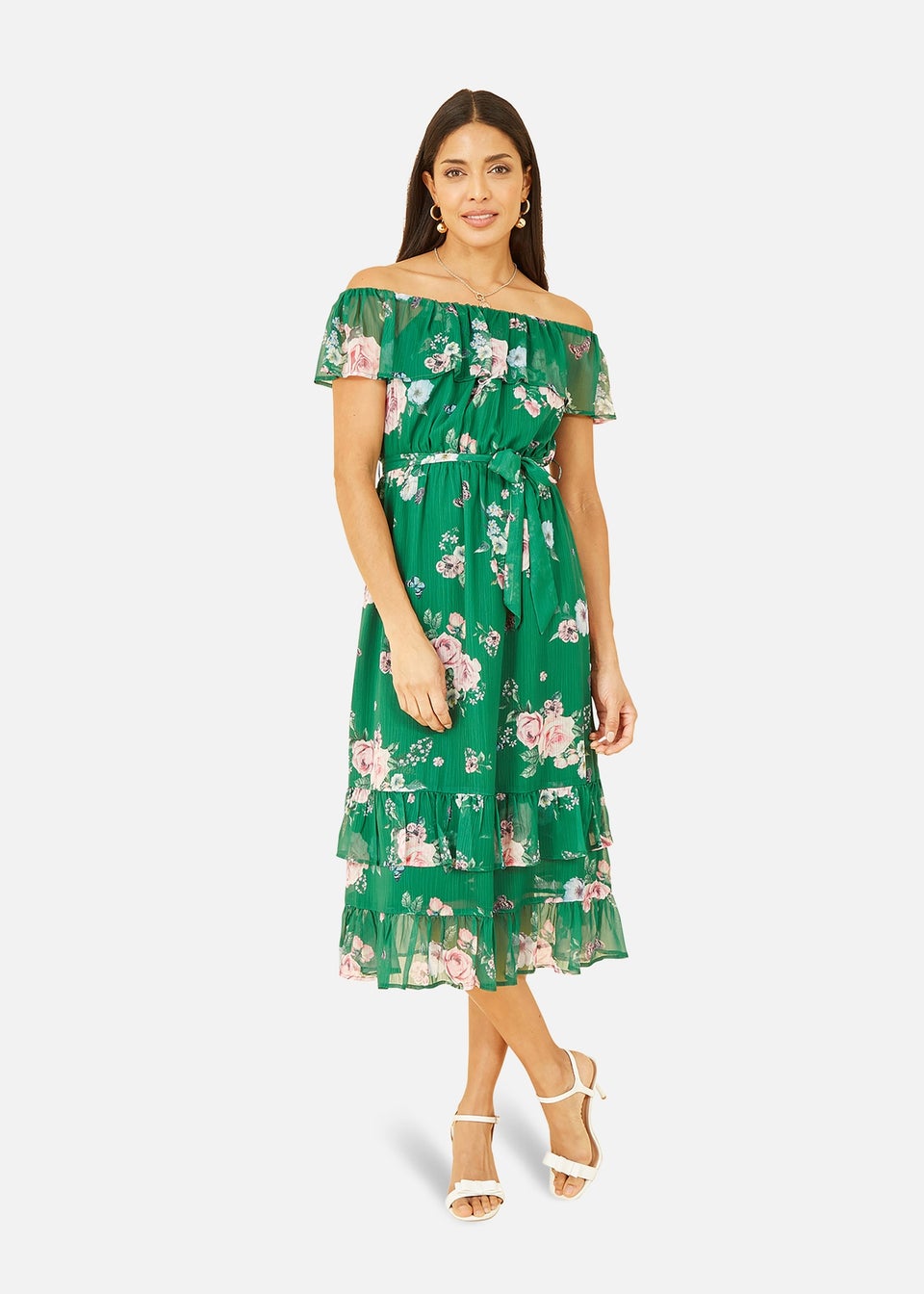 Yumi Green Floral Bardot Midi Dress With Frill Hem
