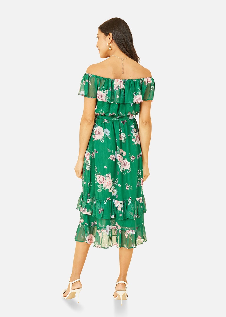 Yumi Green Floral Bardot Midi Dress With Frill Hem