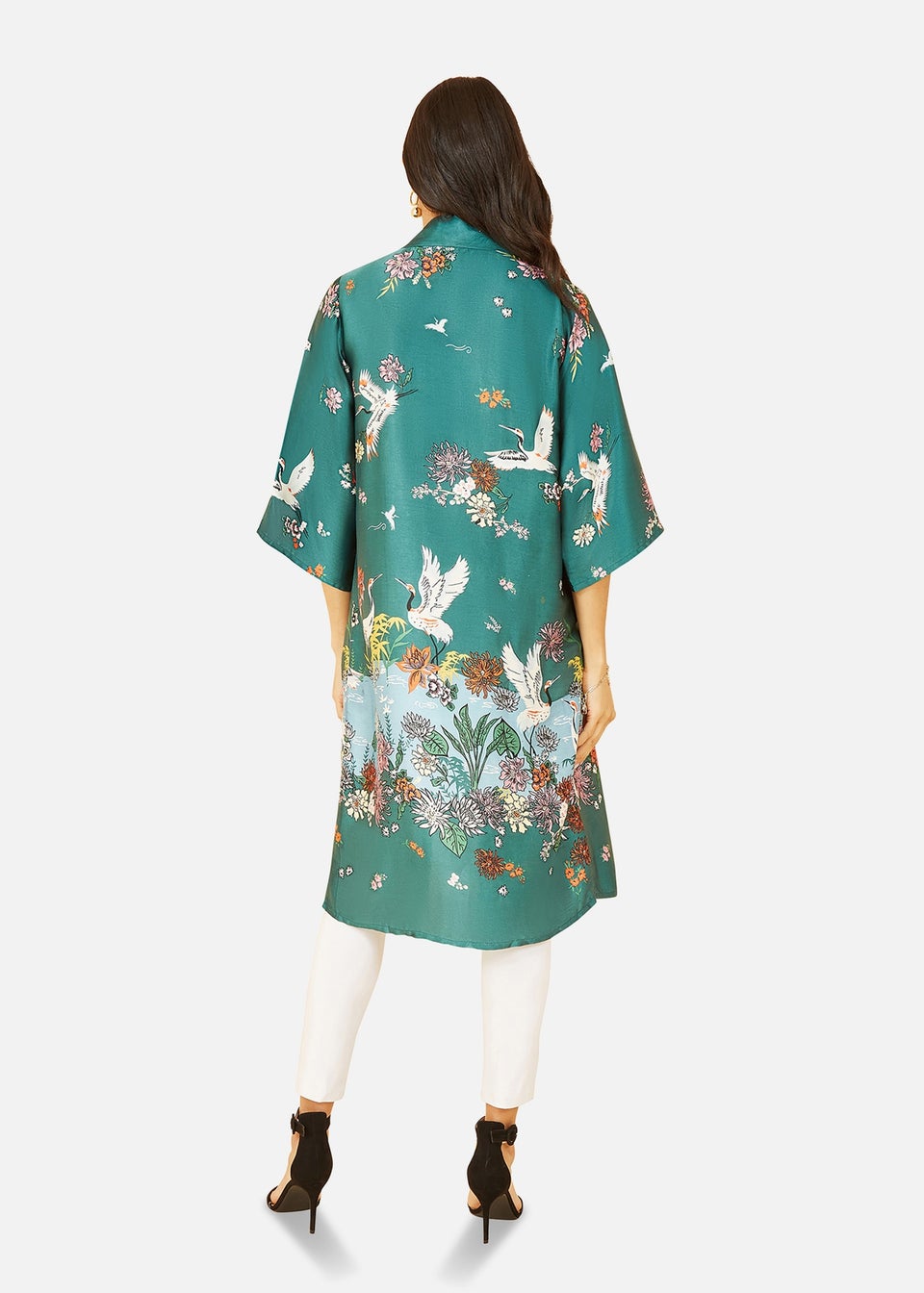 Yumi Green Satin Crane Border Kimono