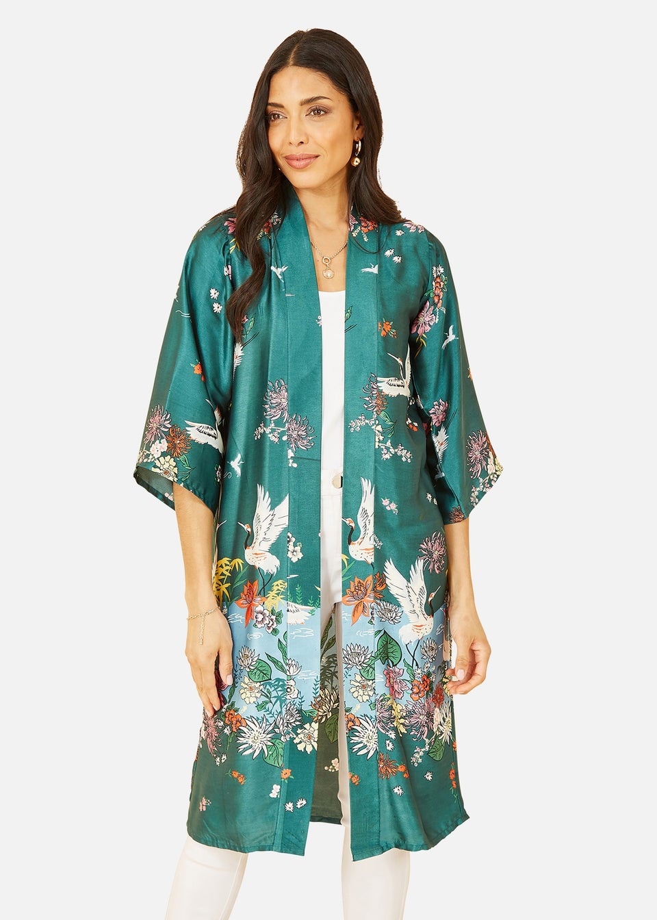 Yumi Green Satin Crane Border Kimono