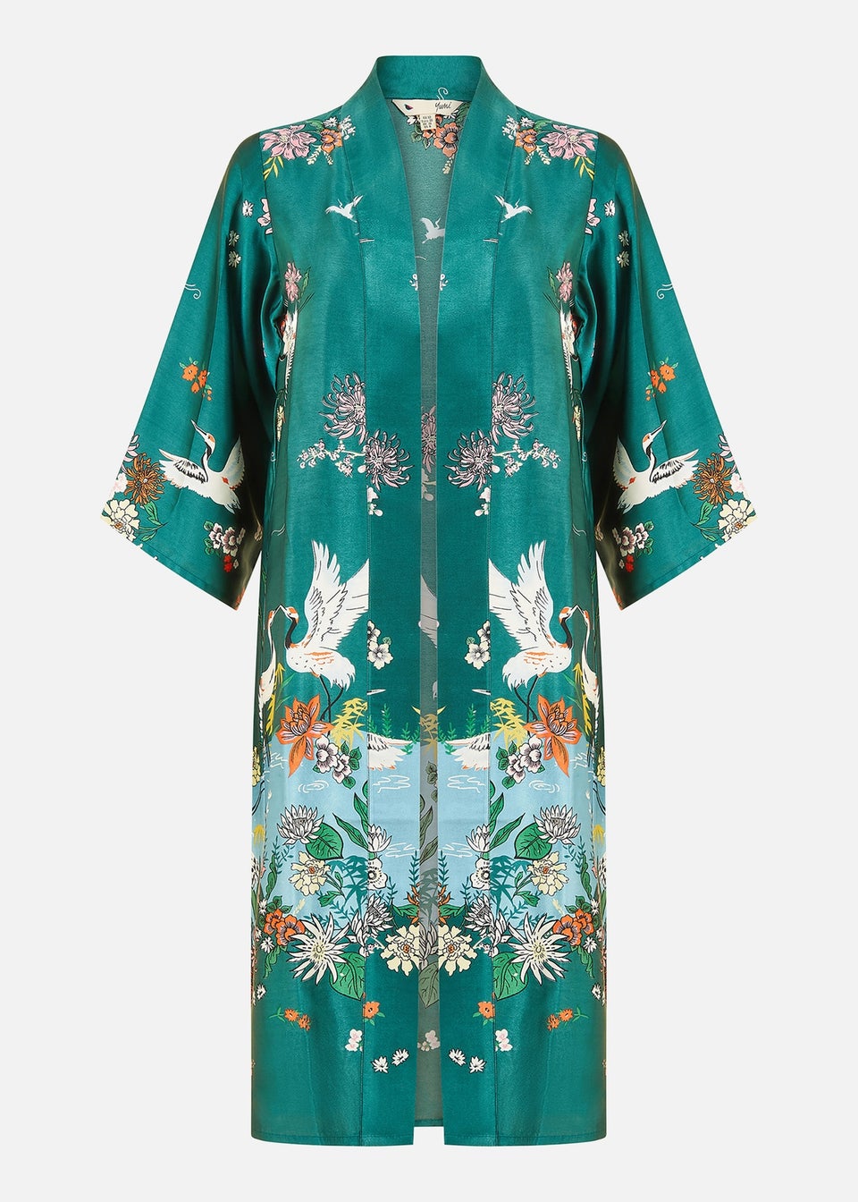 Yumi Green Satin Crane Border Kimono