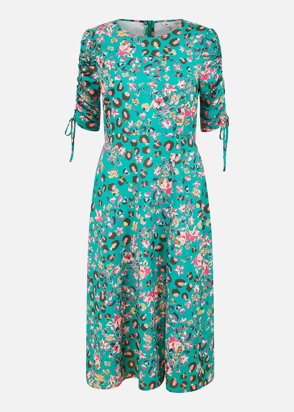 Yumi Green Animal Floral Print Ruched Sleeve Midi Dress