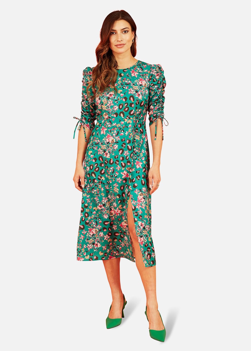 Yumi Green Animal Floral Print Ruched Sleeve Midi Dress