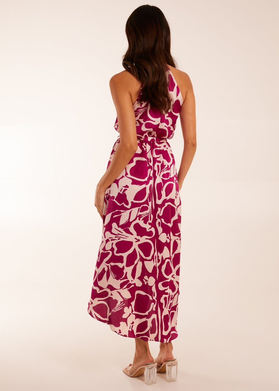 Blue Vanilla Pink Abstract Print Halter Neck Midi Wrap Dress