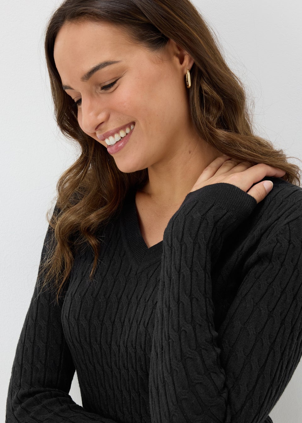 Black Cable Knit V Neck Jumper Matalan
