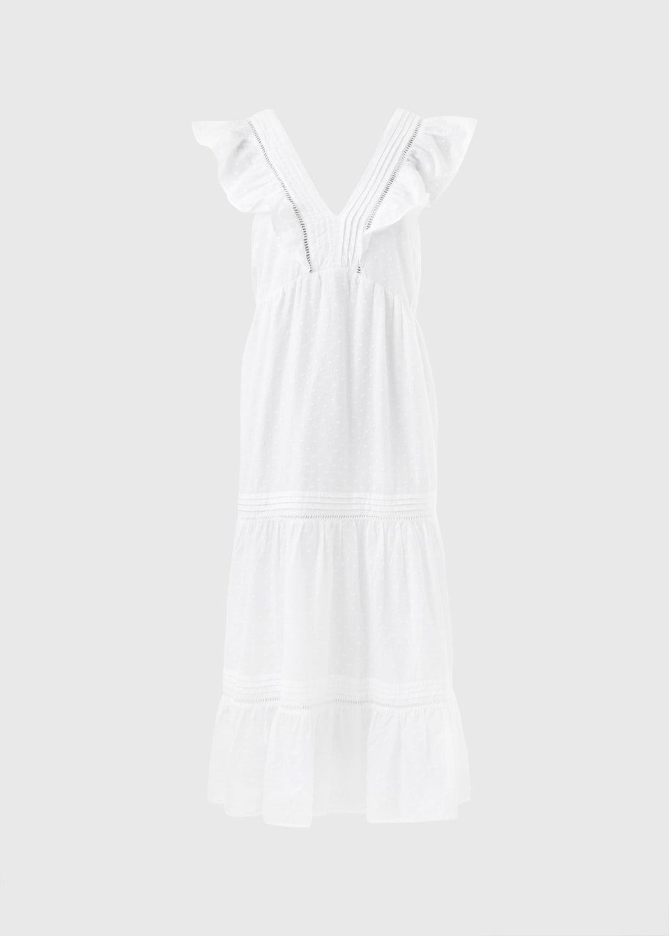 White Spot V-Neck Frill Midi Dress