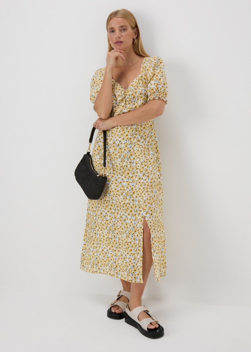 Yellow ruched midi dress on sale