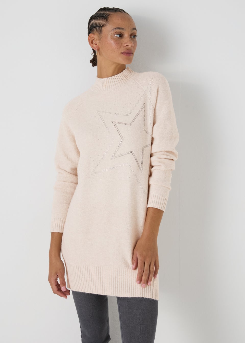 Beige Star Embellished Knitted Tunic