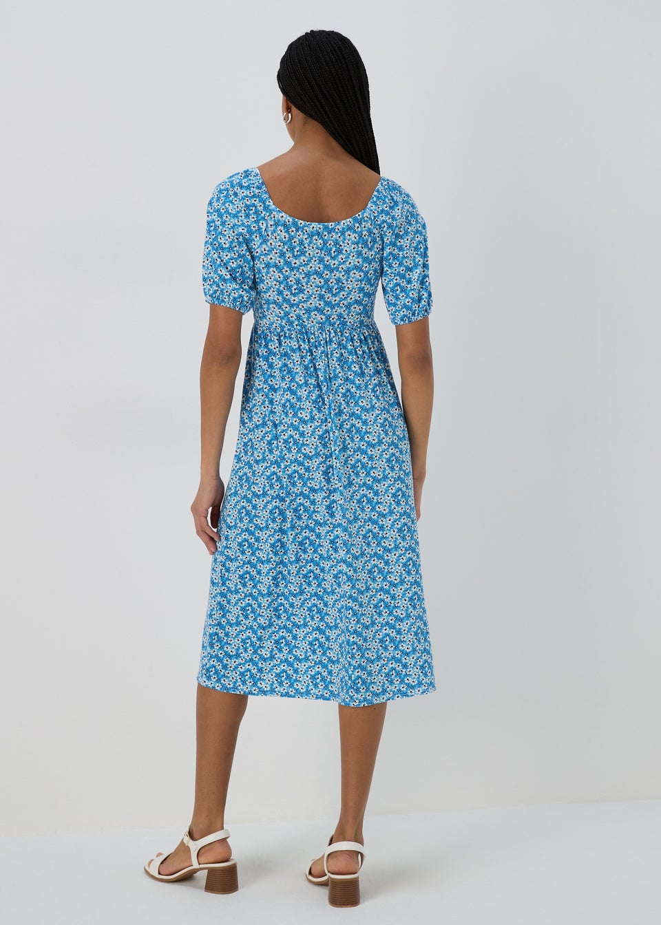 Blue Square Neck Shirred Midi Dress