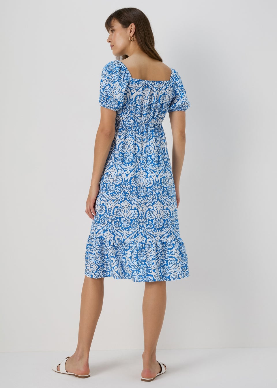 Blue Frill Hem Square Neck Midi Dress