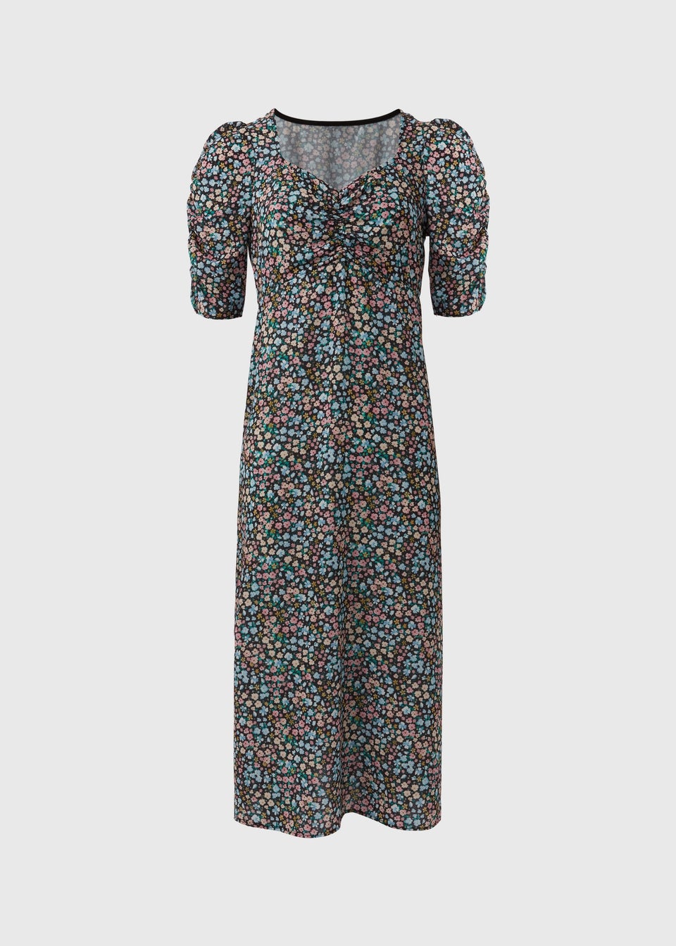 Black Ruched Front Woven Midi Dress
