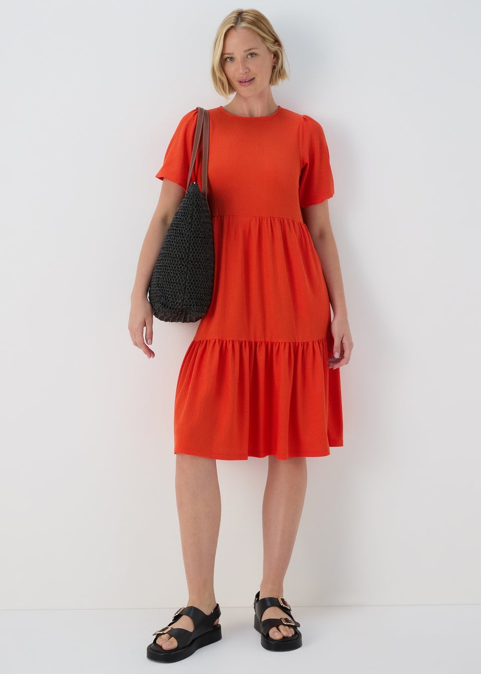 Orange Textured Tiered Dress