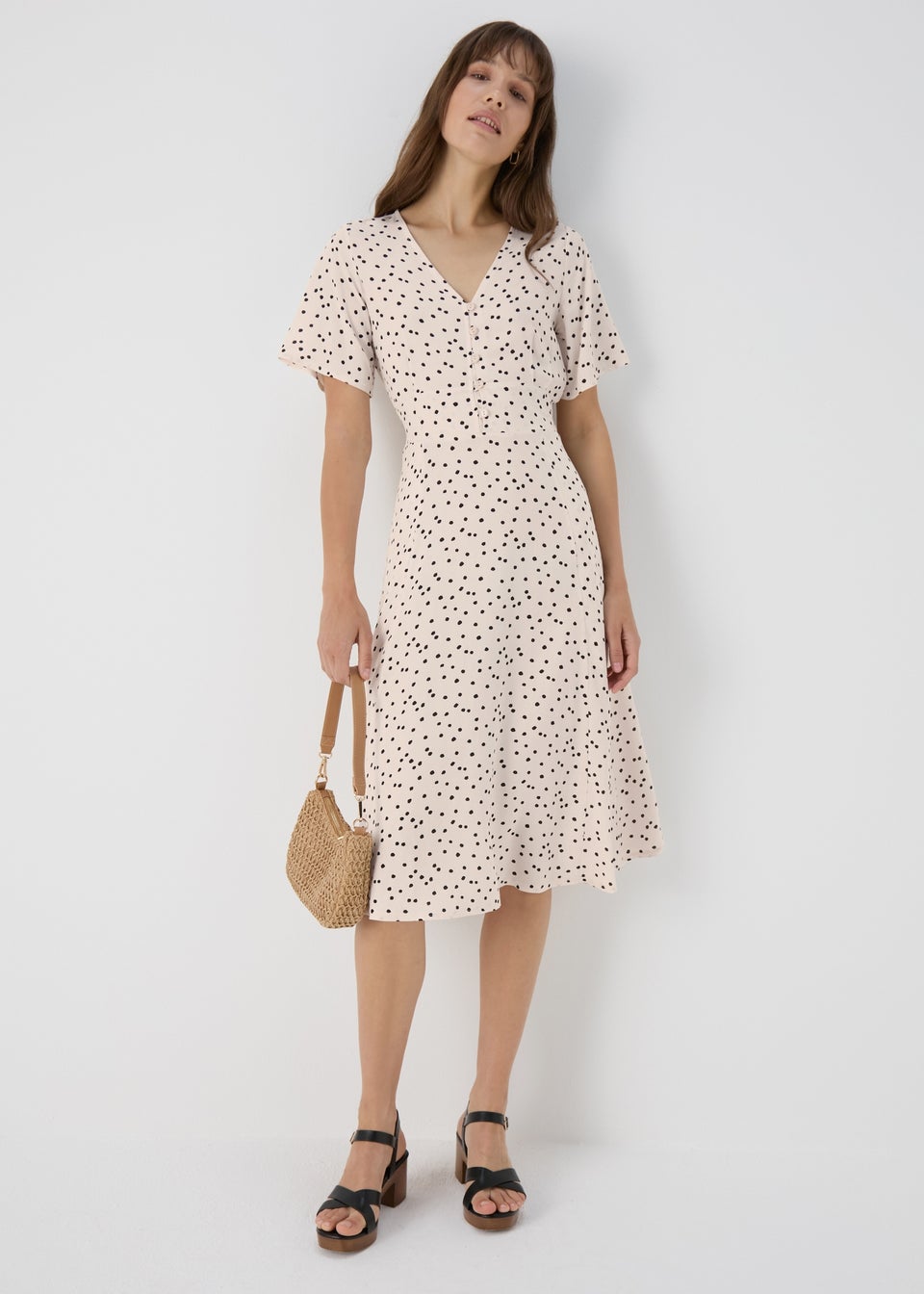Cream Spot Print Midi Dress