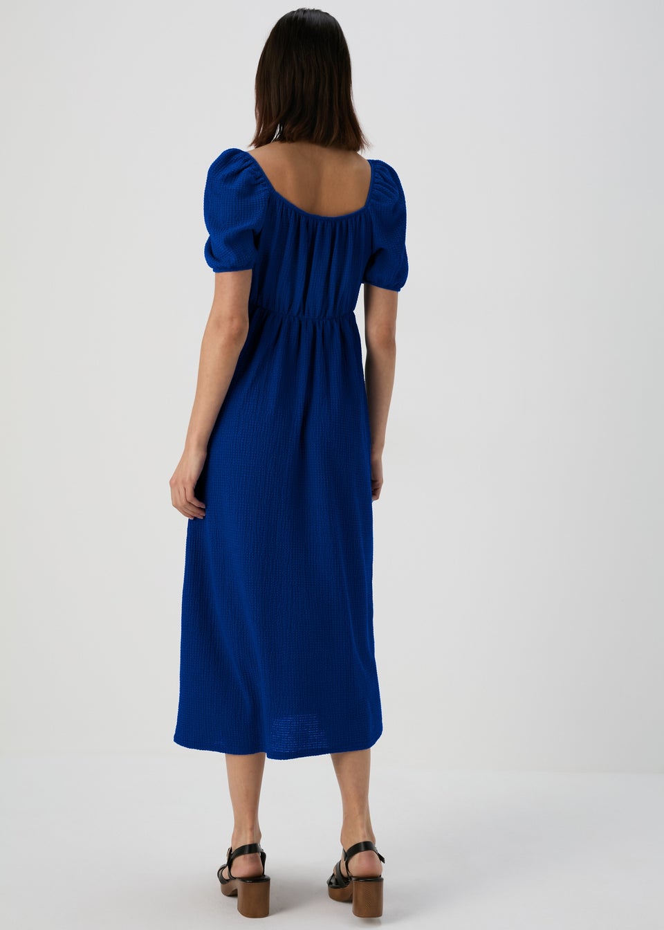Blue Tie Front Textured Midi Dress