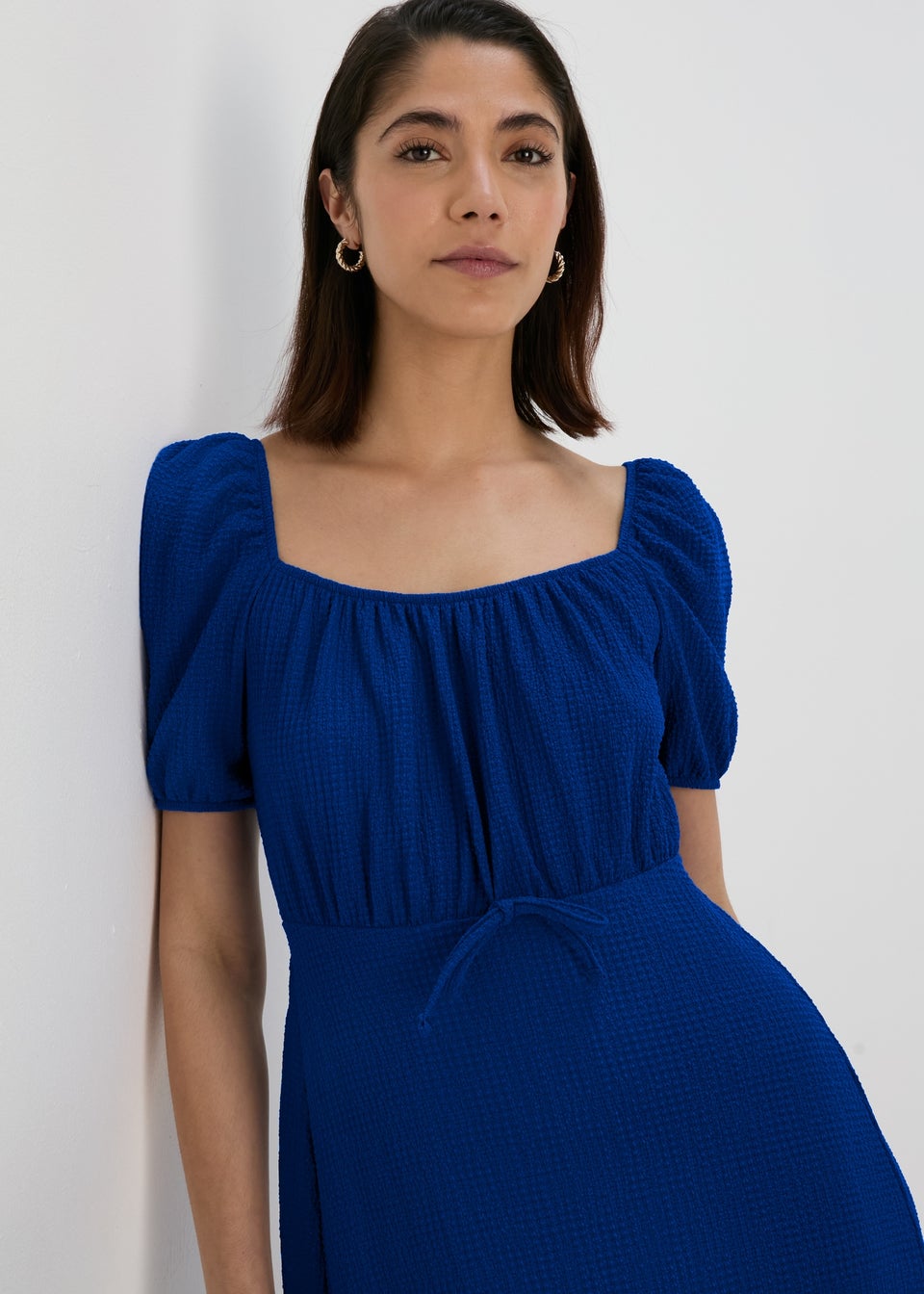 Blue Tie Front Textured Midi Dress