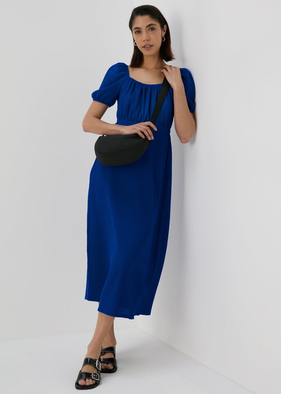 Blue Tie Front Textured Midi Dress