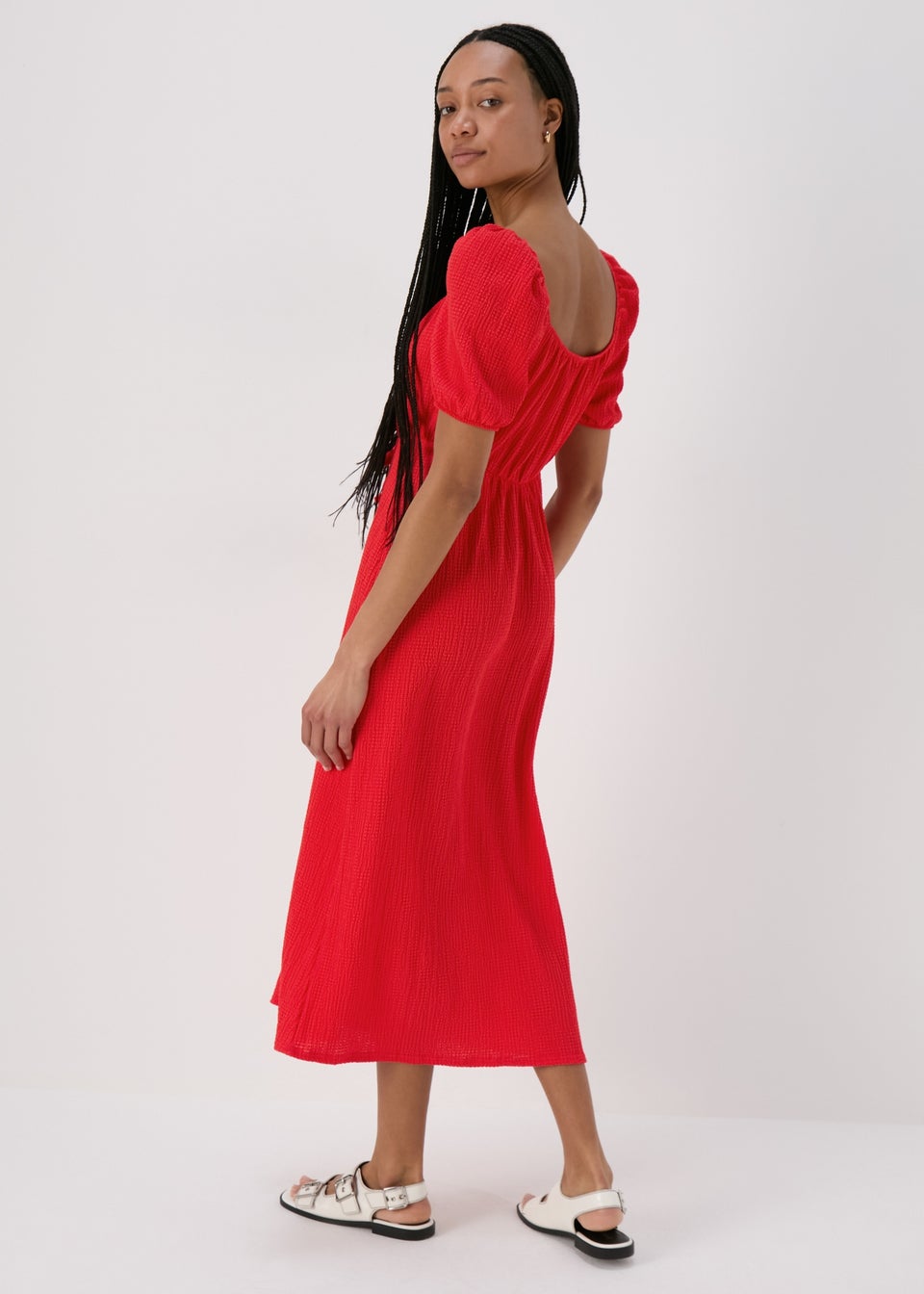 Red Tie Front Textured Midi Dress