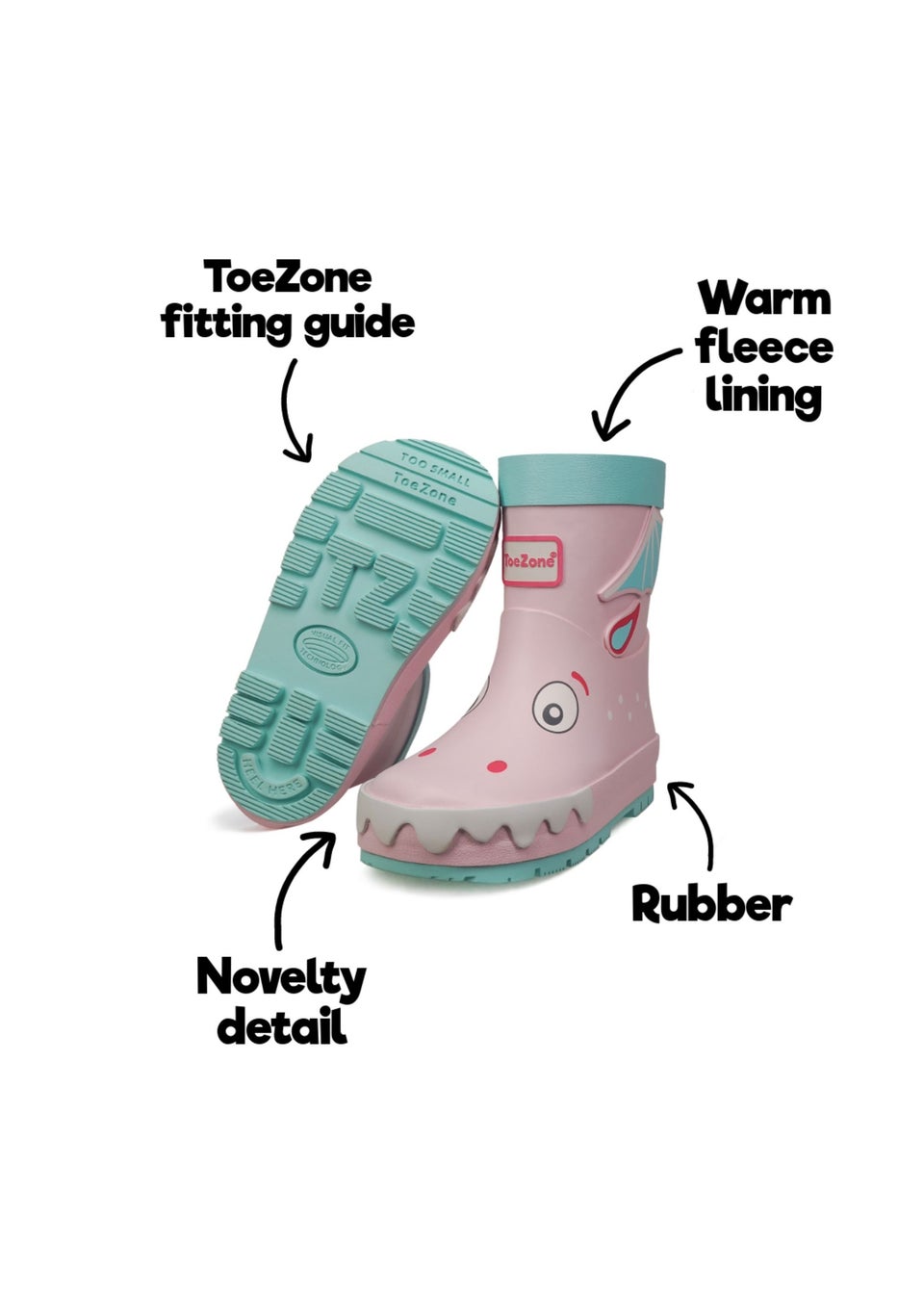 ToeZone Girls Pink Grace Novelty Dragon Rain Boot (Younger 6- Older 12)