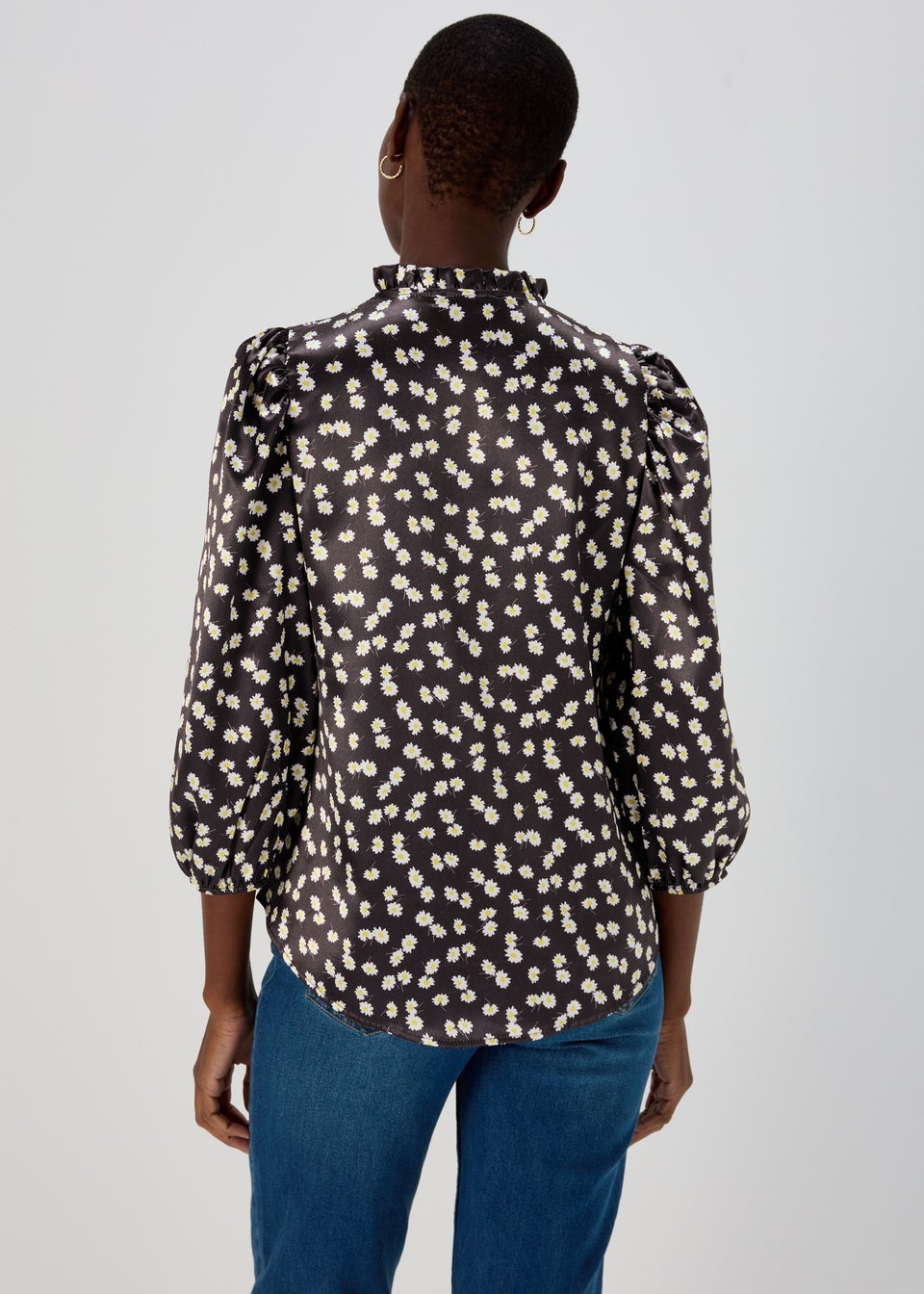 Black Daisy Print Tie Neck Frill Blouse
