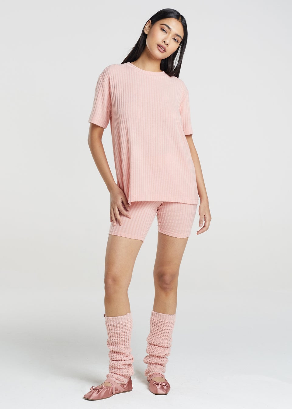 Brave Soul Pink Naya Oversized T-shirt & Cycling Shorts Lounge Set