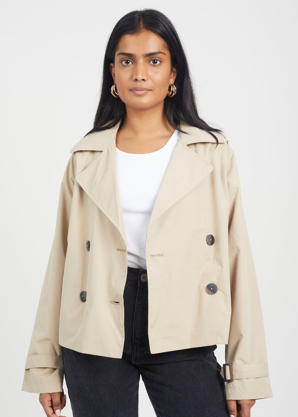 Brave Soul Stone Brandy Double Breasted Cropped Trench Coat