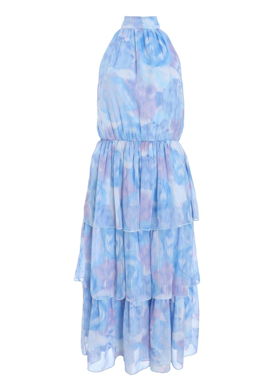 Quiz Blue Floral High Neck Tiered Midi Dress