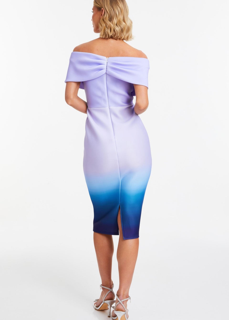 Quiz Blue Ombre Bardot Ruched Midi Dress