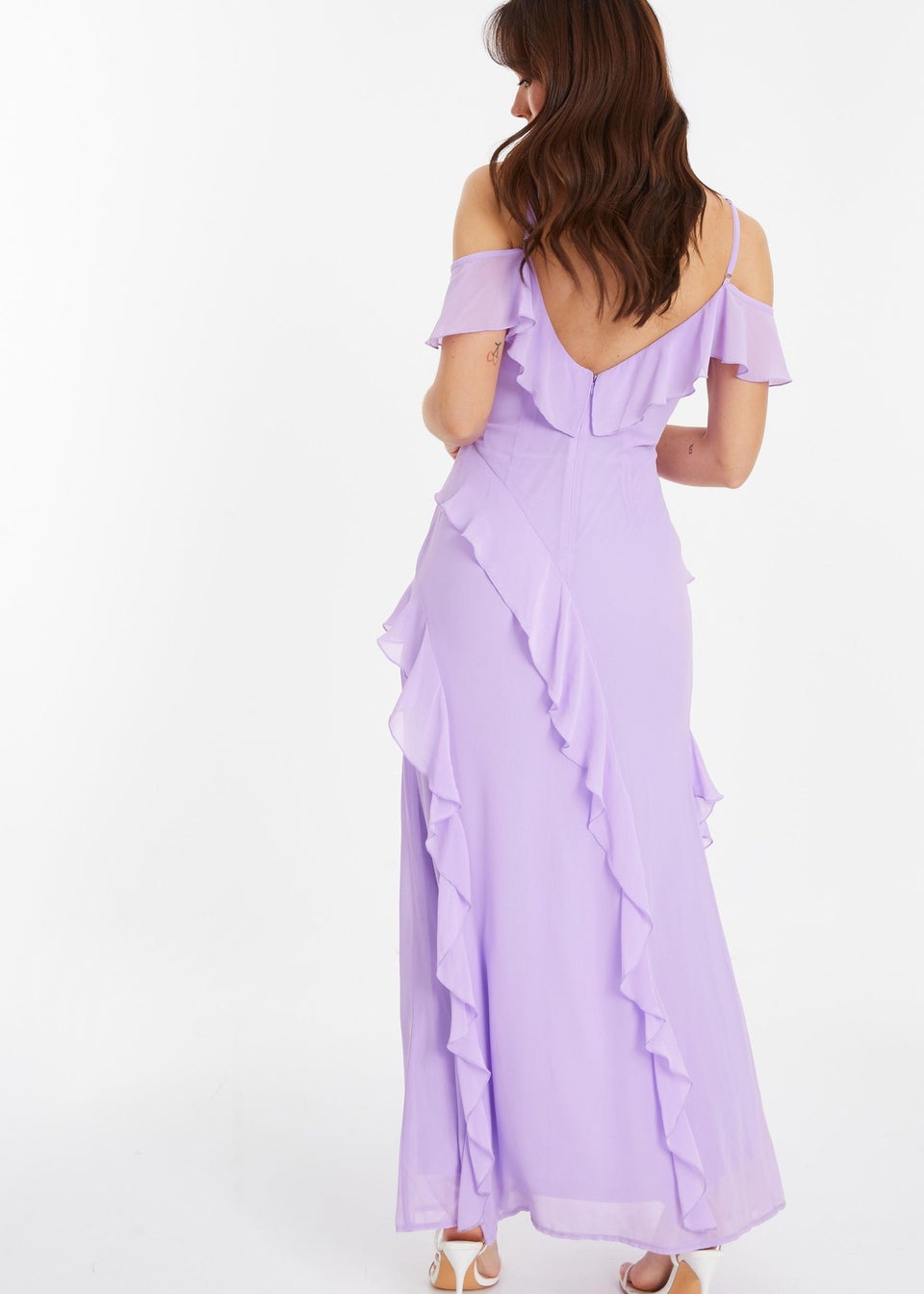 Quiz Purple Chiffon Frill Drop Shoulder Maxi Dress