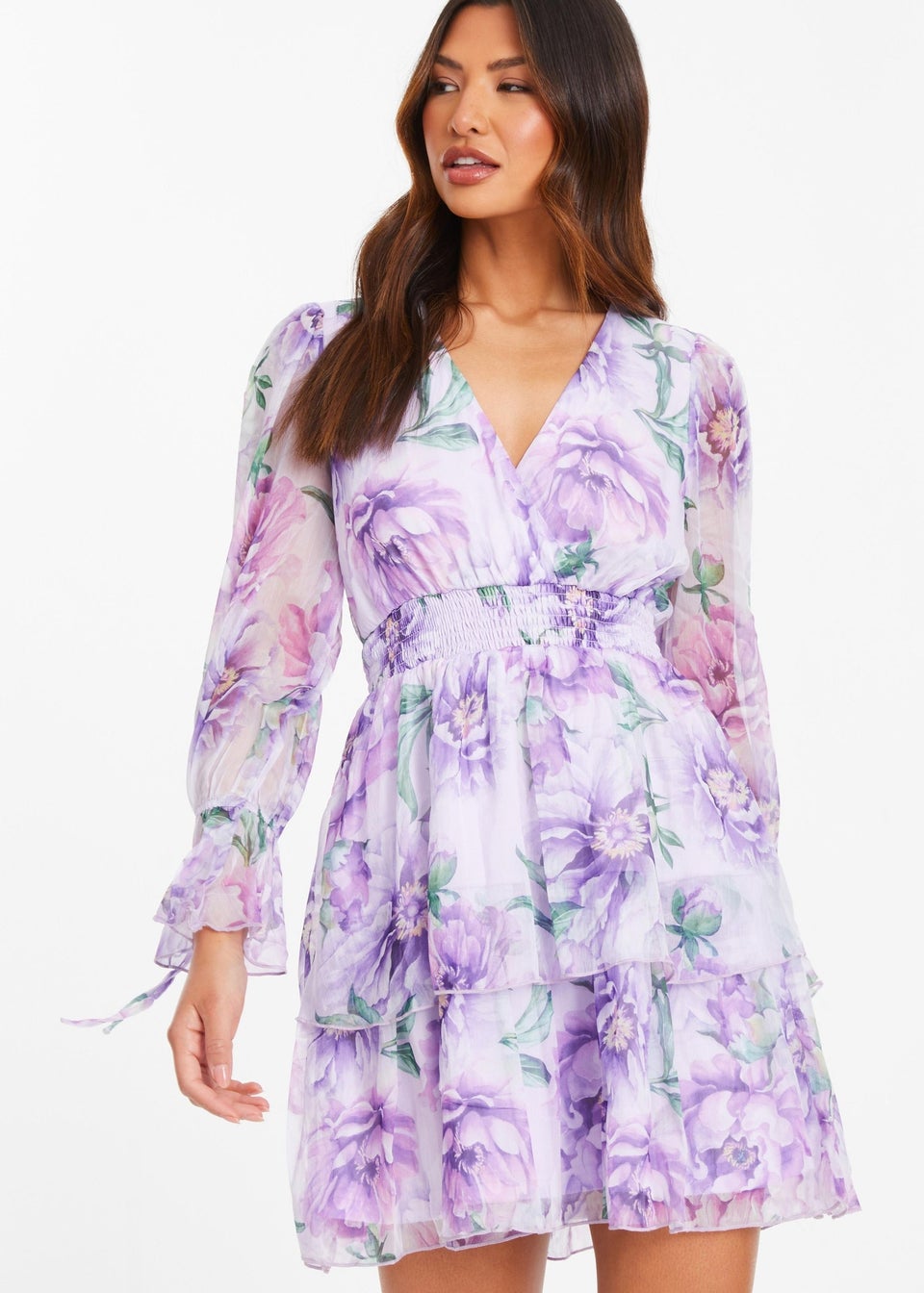 Quiz Purple Floral Chiffon Tiered Skater Dress