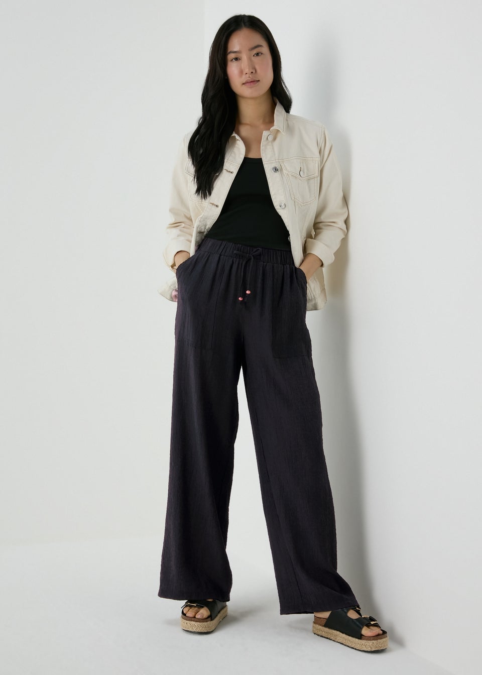 Black Textured Wide Leg Trousers Matalan