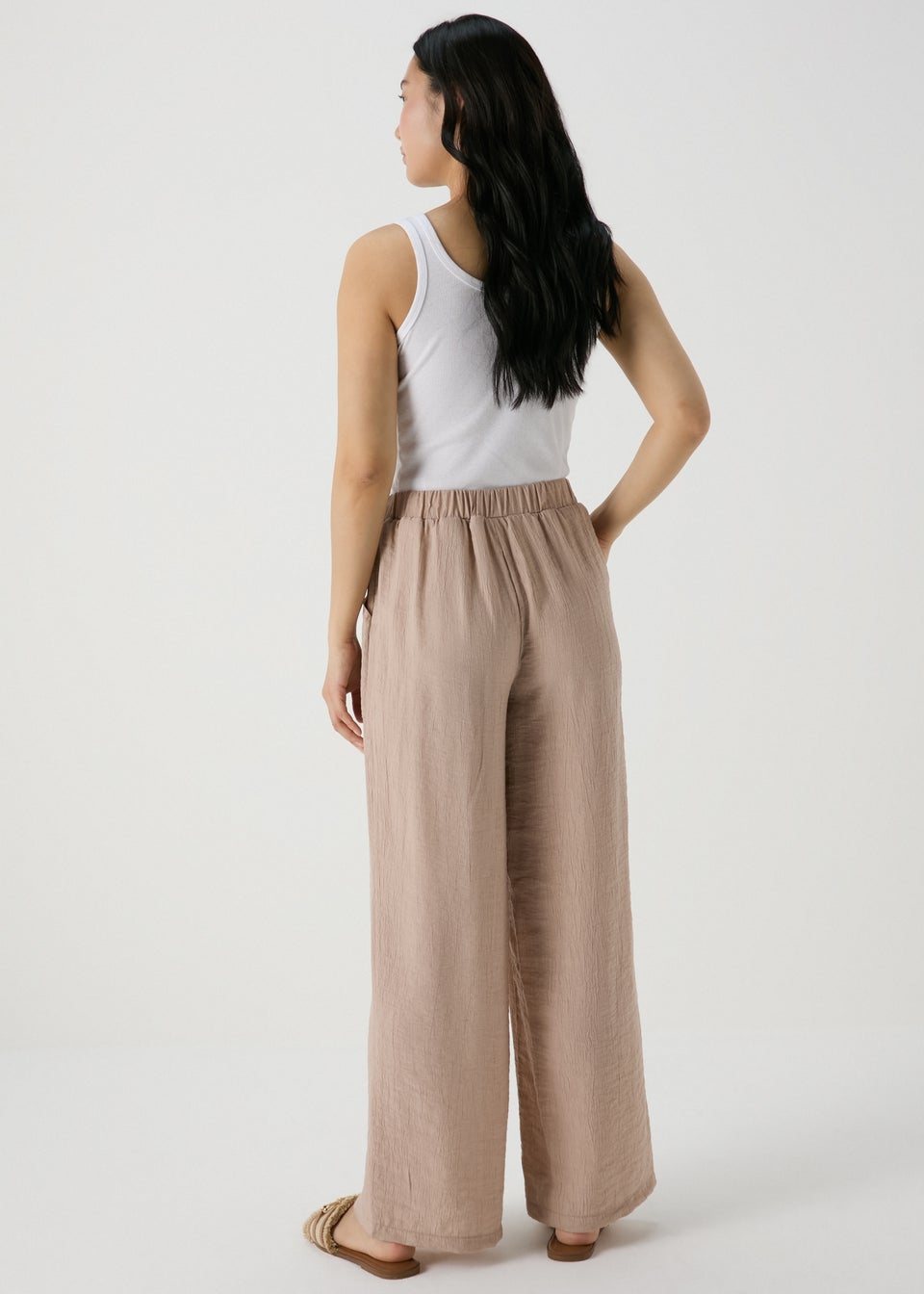 Beige Textured Wide Leg Trousers